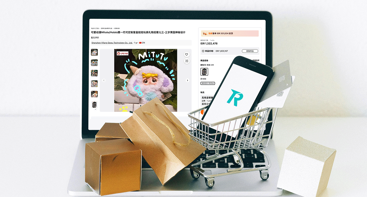 Gambar laptop yang menampilkan katalog belanja di Alibaba dengan keranjang kecil yang mengangkut ponsel logo Topremit