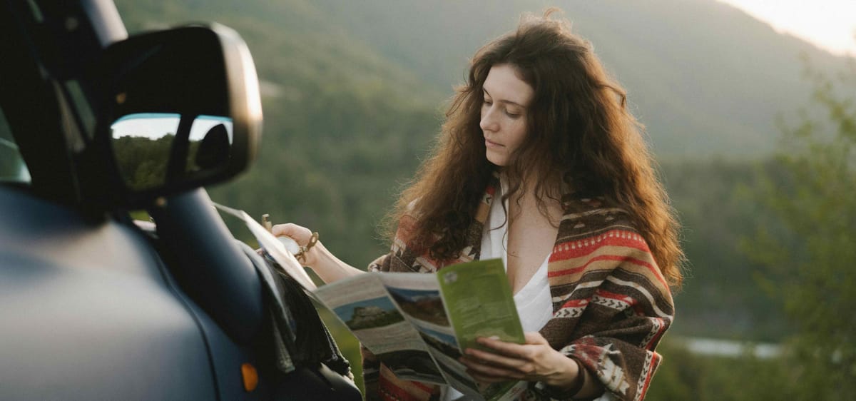 Seorang wanita melakukan solo trip sambil melihat selembaran panduan perjalanan.