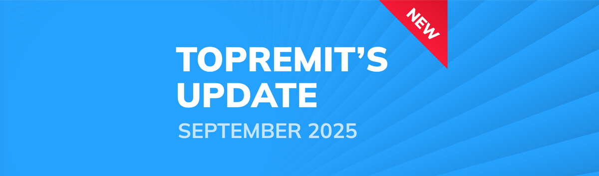 The text 'Topremit's Update September 2025' on a blue background and a red triangle label that says 'NEW'.