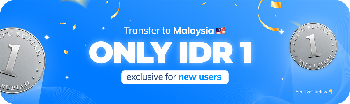 Banner promo IDR 1 transfer fee to Malaysia exclusive for new users
