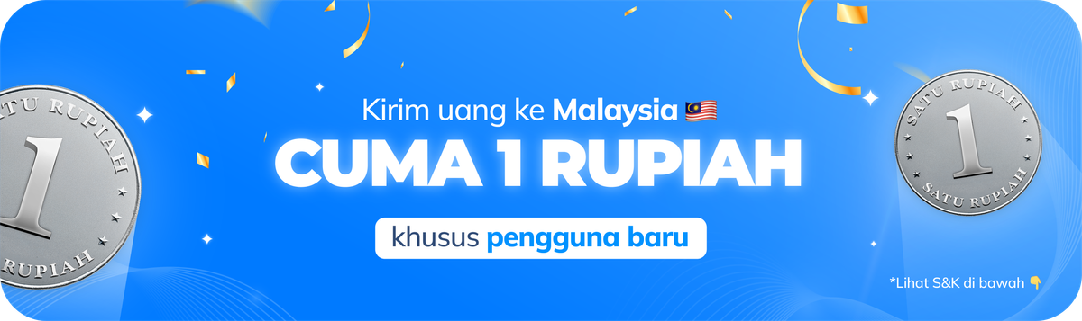 Banner promo kirim uang ke Malaysia cuma 1 rupiah buat pengguna baru dengan ilustrasi koin 1 rupiah